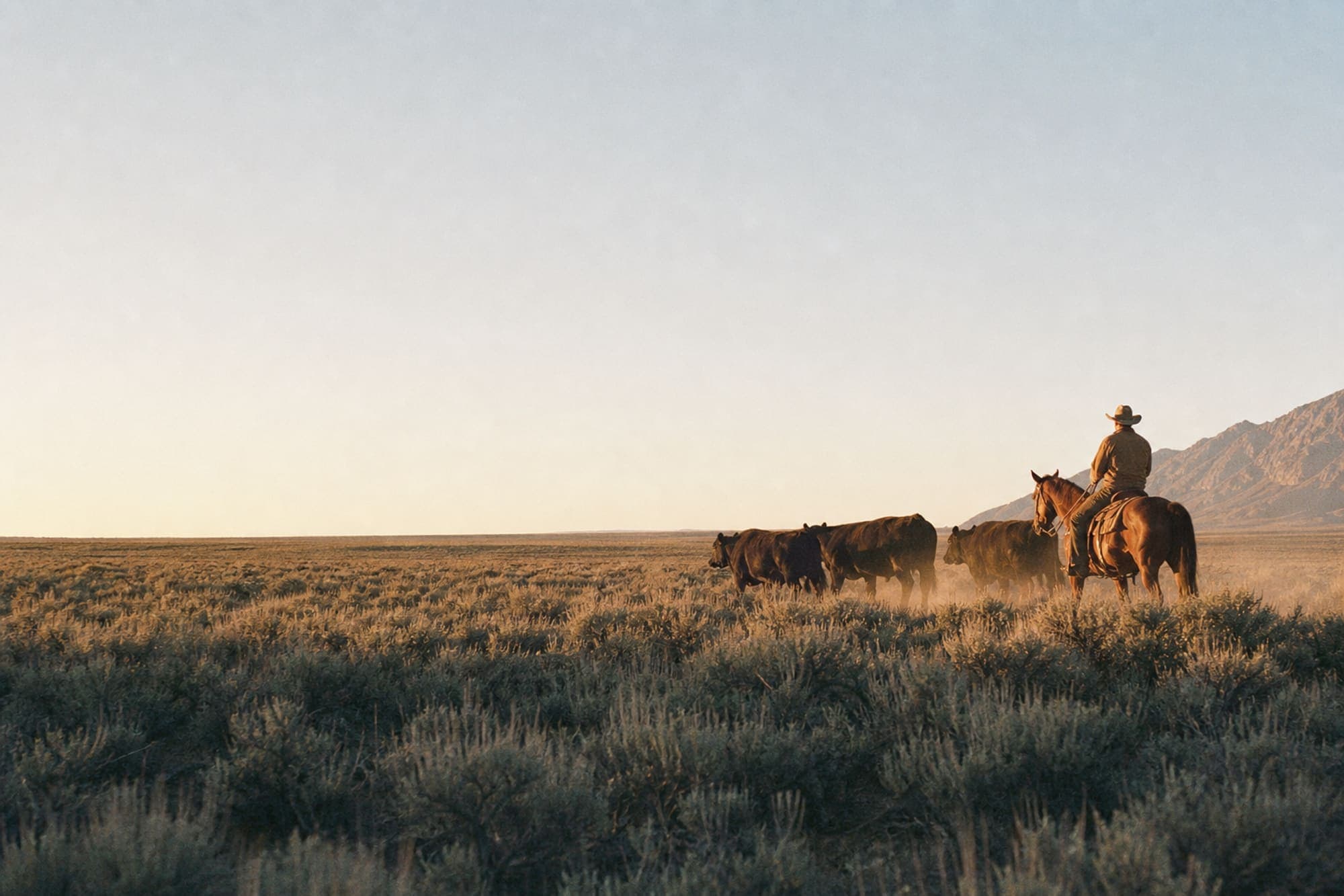 A Utah cattle drive at sunrise: a rancher on horseback pushing a bunch of black cattle along a sagebrush flat, dust hanging in the low light, mountains at the right edge