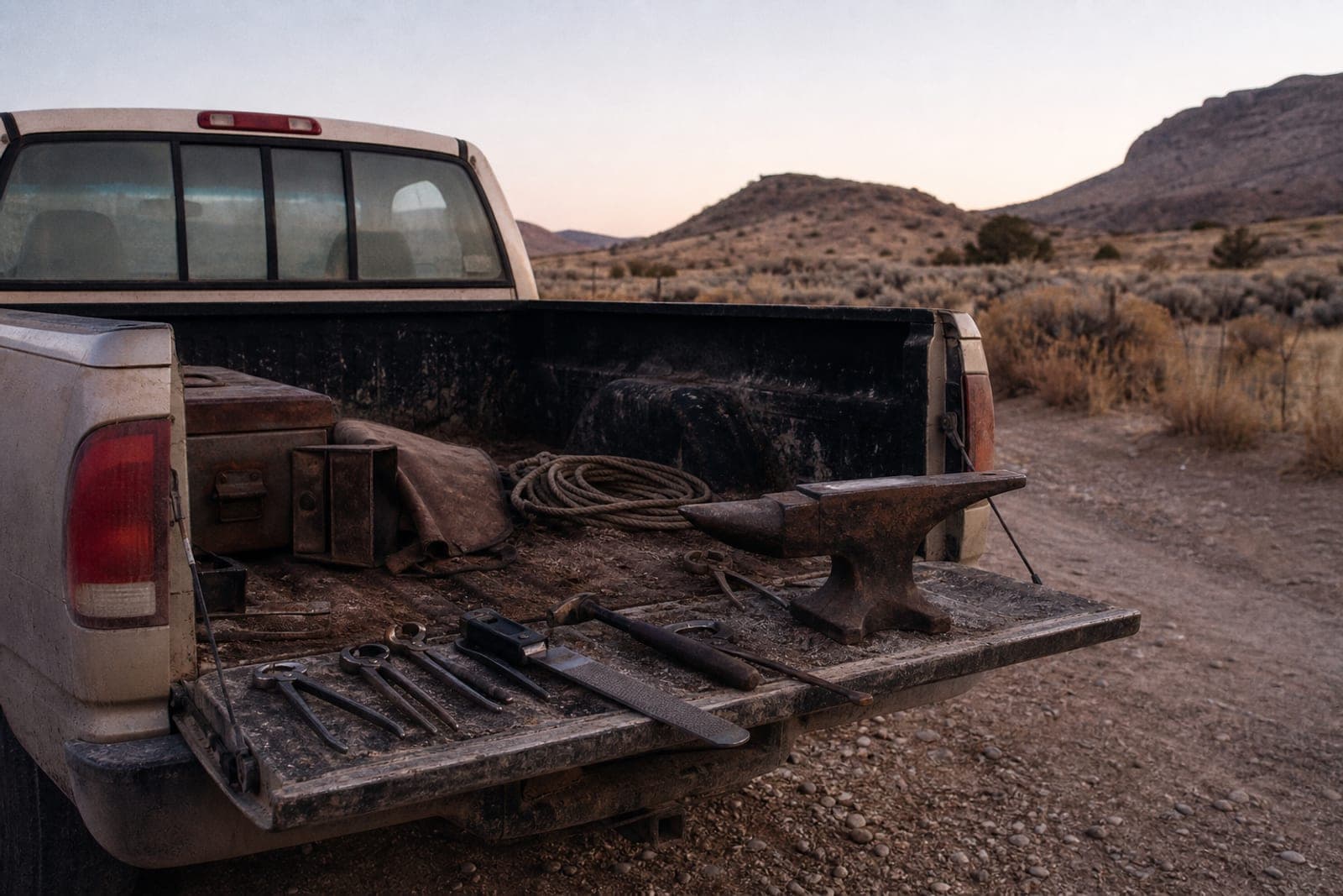 A farrier's tools laid out on the tailgate of a work truck on a gravel road